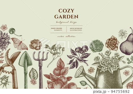 Gardening hand drawn illustration design. Background with vintage watering can, apples, cherry, rose, pears, shovel, rake, secateurs, chamomile, sunflower, forget me not flower, ranunculus, great 94755692