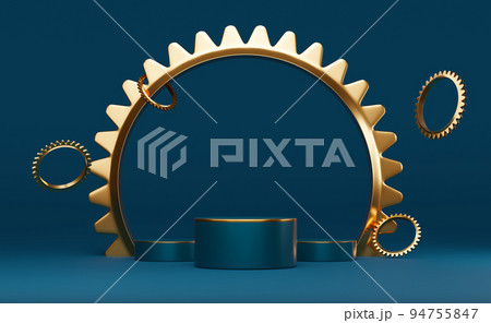 cylinder podium empty and gear with geometric shapes in blue composition for modern stage display and minimalist mockup ,abstract showcase background ,Concept 3d illustration or 3d render 94755847