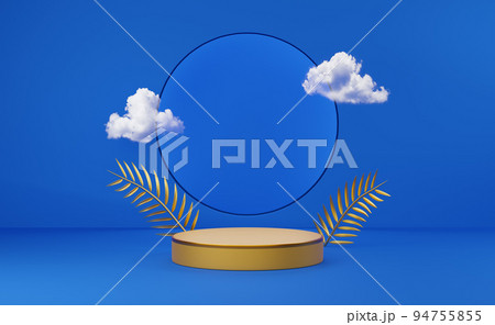 yellow podium empty with geometric shapes  and gold color palm leaf in blue composition for modern stage display and minimalist mockup ,abstract showcase background ,3d render 94755855