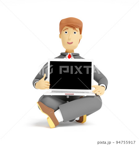 cartoon character businessman sitting with computer laptop isolated on white background ,3d render 94755917