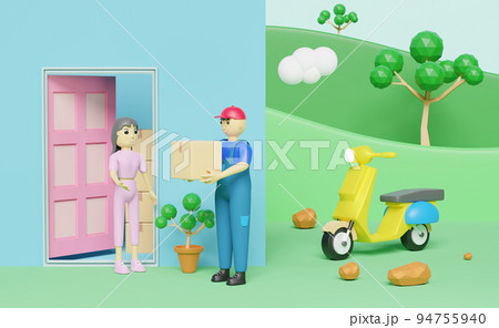 Courier man and cargo box with receiver and yellow scooter at countryside in blue composition ,Fast delivery service business concept ,3d illustration or 3d render 94755940