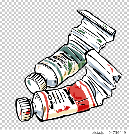 使いかけの赤と緑の絵の具のチューブ　筆描き・マット塗り 94756449
