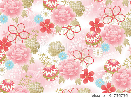 ピンクの牡丹と桜と鞠の豪華和柄 94756736