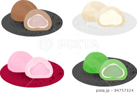 和菓子 クリーム大福 セット 水彩 手描き イラスト素材 和菓子 クリーム大福 セット 水彩 手描き イラスト素材 94757324