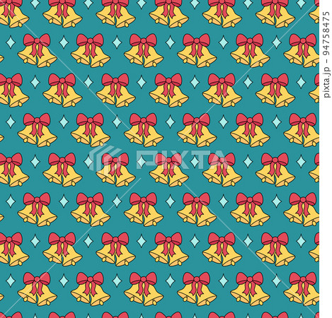 Christmas golden bells pattern. Vector seamless background with outline hand drawn Xmas holiday elements. Bells with bow. Doodle repeat illustration 94758475