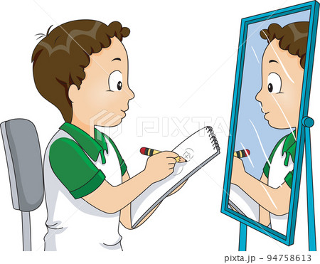 Kid Boy Draw Self Mirror Pencil Illustration 94758613