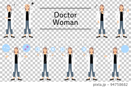 Pose set of a female doctor in a white coat, doubts, troubles, pointing, injections, etc. 94758682
