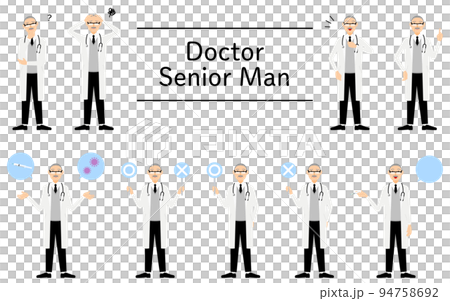 擺出一組身穿白大褂的高級男醫生，疑惑、煩惱、指點、注射等。 94758692