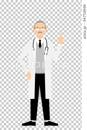 A senior male doctor in a white coat raises his index finger and poses for pointing A senior male doctor in a white coat raises his index finger and poses for pointing 94758696
