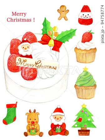 手描き水彩のかわいいクリスマスケーキイラストセット 手描き水彩のかわいいクリスマスケーキイラストセット 94758774