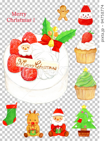 手描き水彩のかわいいクリスマスケーキイラストセット 手描き水彩のかわいいクリスマスケーキイラストセット 94758774