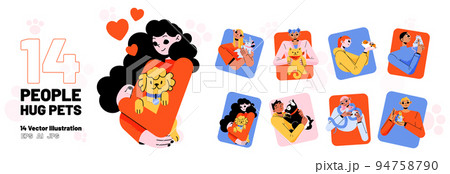 Set people hug pets square icons, illustration 94758790