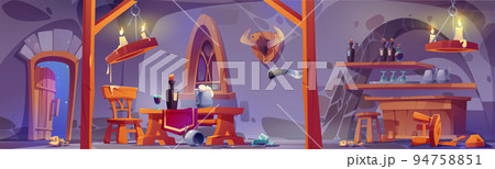 Medieval tavern after fight, ancient bar interior Medieval tavern after fight, ancient bar interior 94758851