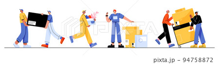 Moving service workers carrying boxes set 94758872
