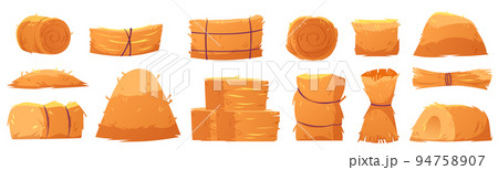 Hay stacks, dry yellow grass and straw bales set 94758907