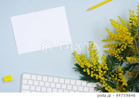 White sheet of paper for text copy space surrounded by spring mimosa, wireless keyboard with yellow pencil, watercolors in ditches on a blue background. Workplace of a blogger, artist, or calligrapher White sheet of paper for text copy space surrounded by spring mimosa, wireless keyboard with yellow pencil, watercolors in ditches on a blue background. Workplace of a blogger, artist, or calligrapher 94759846