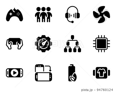 Set of black vector icons, isolated against white background. Flat illustration on a theme gaming competitions on mobile phones. Fill, glyph 94760124