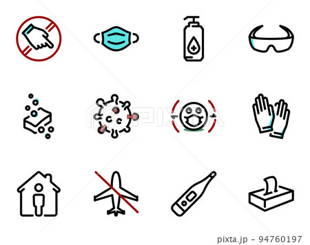 Set of black vector icons, isolated against white background. Illustration on a theme Key preventative solutions and limitations during a pandemic 94760197