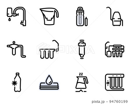 Set of black vector icons, isolated against white background. Illustration on a theme Water purification methods, types of filters 94760199