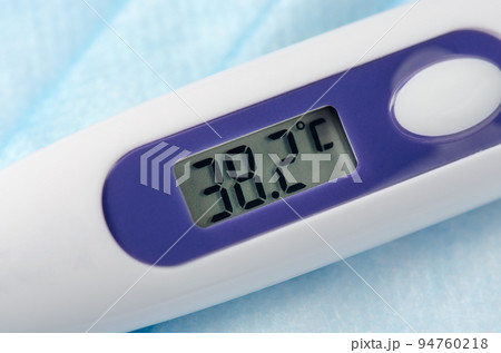 Medical electronic thermometer and tablets. High temperature. The concept of diagnosis of the disease. 94760218