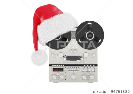 Retro reel-to-reel tape recorder with Christmas Santa hat. 3D rendering Retro reel-to-reel tape recorder with Christmas Santa hat. 3D rendering 94761389