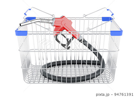 Shopping basket with fuel nozzle pump, 3D rendering Shopping basket with fuel nozzle pump, 3D rendering 94761391