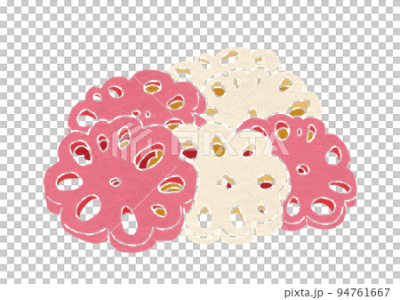 紅白色な花型の酢レンコンのイラスト(版画風) 紅白色な花型の酢レンコンのイラスト(版画風) 94761667