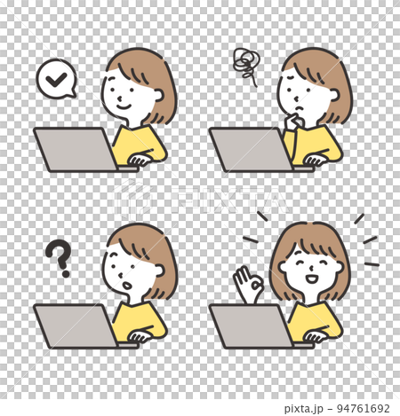 Illustration material set of a woman who operates a personal computer 94761692