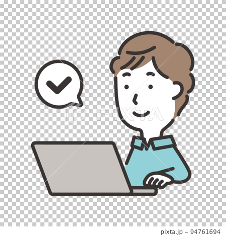 Illustration of a man operating a computer with a smile 94761694