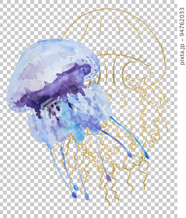 Light blue Watercolor jellyfish with golden outlines, isolated element for nautical sea wedding Illustration 94762033