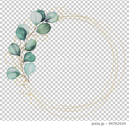 Geometric golden frame made of green watercolor eucalyptus leaves, wedding illustration 94762034