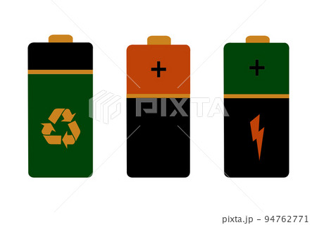 Vector illustration of isolated cylindrical batteries. Alkaline bottle, battery. Group of colored batteries of different sizes on a white background 94762771