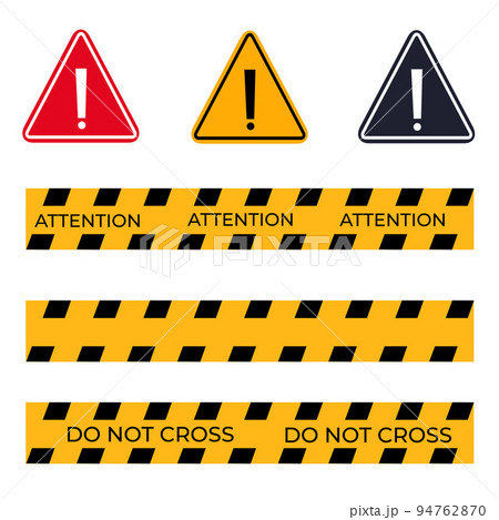 Construction and crime warning tape set. Triangular warning symbols with an exclamation point. Vector illustration. 94762870