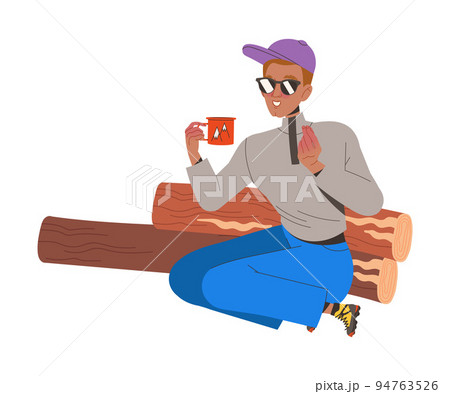 Man in Baseball Cap and Sunglasses Sitting with Mug Near Logs Drinking Tea Engaged in Hiking in the Mountains Vector Illustration Man in Baseball Cap and Sunglasses Sitting with Mug Near Logs Drinking Tea Engaged in Hiking in the Mountains Vector Illustration 94763526