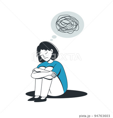 Sad and Unhappy Teenage Girl in Depression Sitting with Bended Knees Suffering From Mental Disorder Vector Illustration Sad and Unhappy Teenage Girl in Depression Sitting with Bended Knees Suffering From Mental Disorder Vector Illustration 94763603