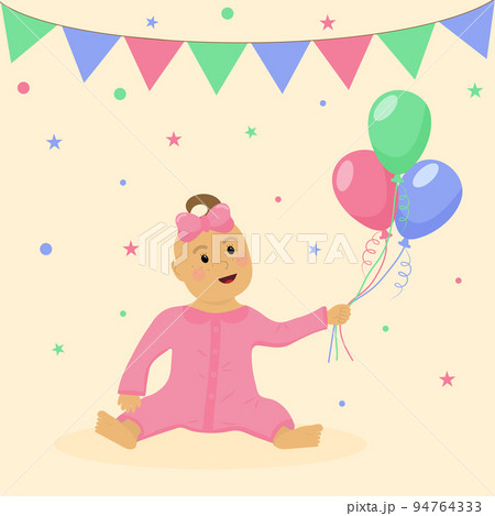 Baby girl sitting with air balloons. Little girl's birthday party.  94764333