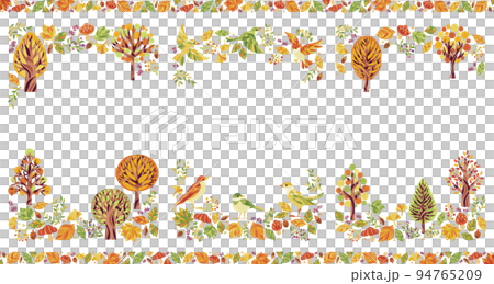 秋の紅葉の木々と小鳥のイラストフレームセット 縦のイラスト