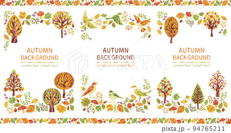 秋の紅葉の木々と小鳥のイラストフレームセット　縦 94765211