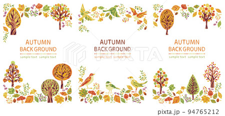 秋の紅葉の木々と小鳥のイラストフレームセット　縦 94765212
