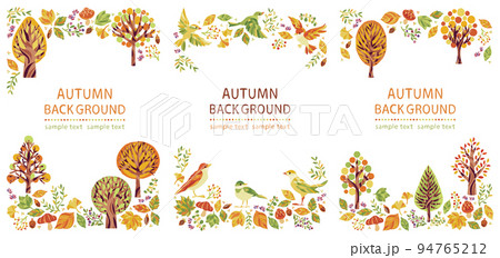 秋の紅葉の木々と小鳥のイラストフレームセット 縦 秋の紅葉の木々と小鳥のイラストフレームセット 縦 94765212