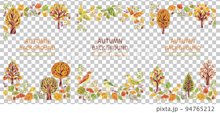 Illustration frame set of autumn leaves trees and small birds vertical 94765212