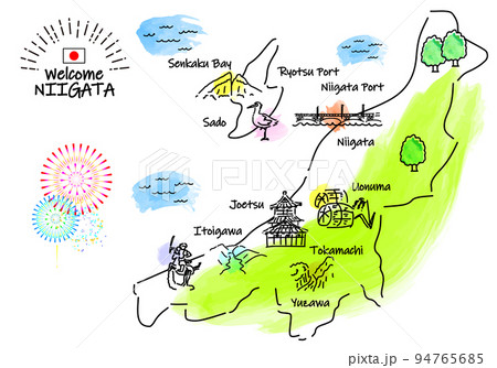 新潟県の観光地のシンプル線画イラストマップ 新潟県の観光地のシンプル線画イラストマップ 94765685