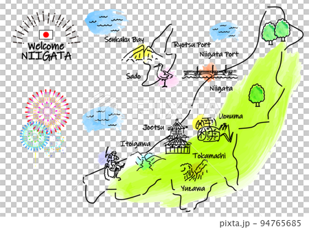 新潟県の観光地のシンプル線画イラストマップ 新潟県の観光地のシンプル線画イラストマップ 94765685