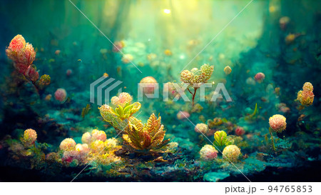 seabed landscape with algae and vegetation of super bright colors in fantasy style seabed landscape with algae and vegetation of super bright colors in fantasy style 94765853