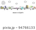 新潟県の観光地の街並みと人々のシンプル線画イラスト	 94766133