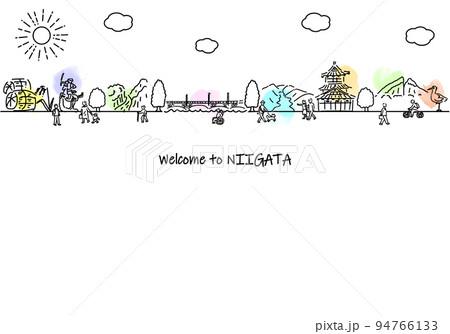 新潟県の観光地の街並みと人々のシンプル線画イラスト	 94766133