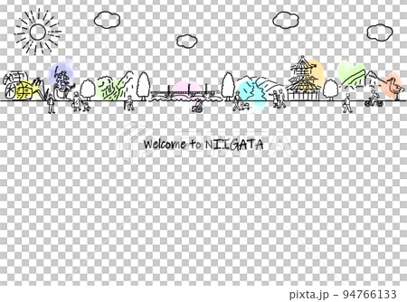 新潟県の観光地の街並みと人々のシンプル線画イラスト	 94766133