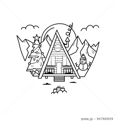 Christmas line icon from the Christmas camping series. Happy Holidays symbol and elements. Stock winter vector. Forest cabin landscape with mountains 94766949