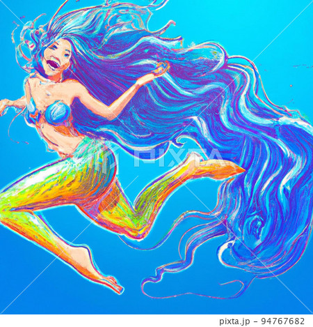 mermaid siren lady swimming in the sea to the surface with bubble and fish  under the sea scenery anime wallpaper hig definition Stock Illustration