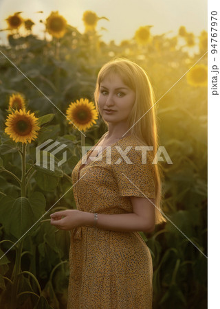 Attractive girl with long hair in a yellow dress posing among sunflowers in a field 94767970